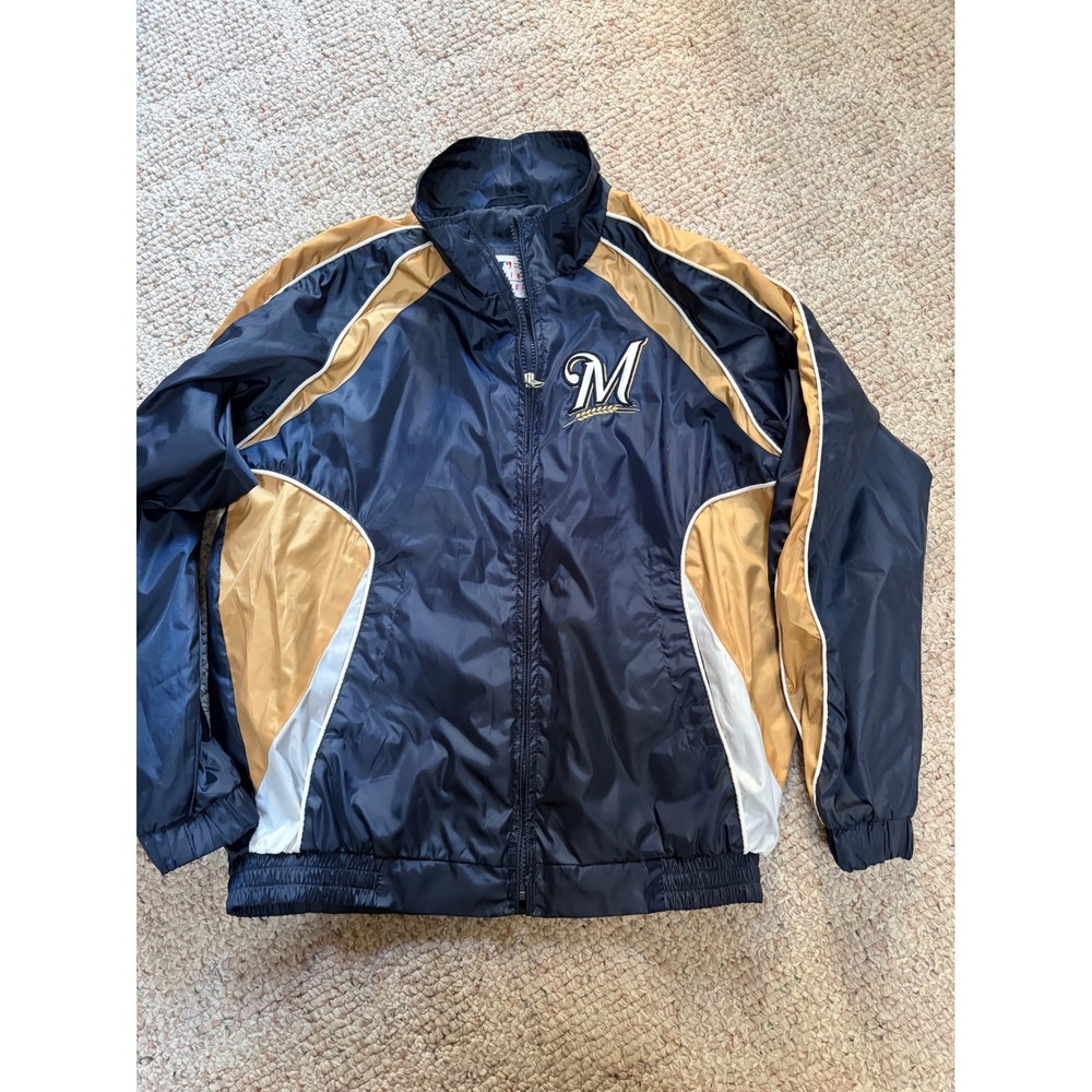 MLB Milwaukee Brewers Kids Navy Gold Windbreaker Jacket Size M 12-14 Full Zip